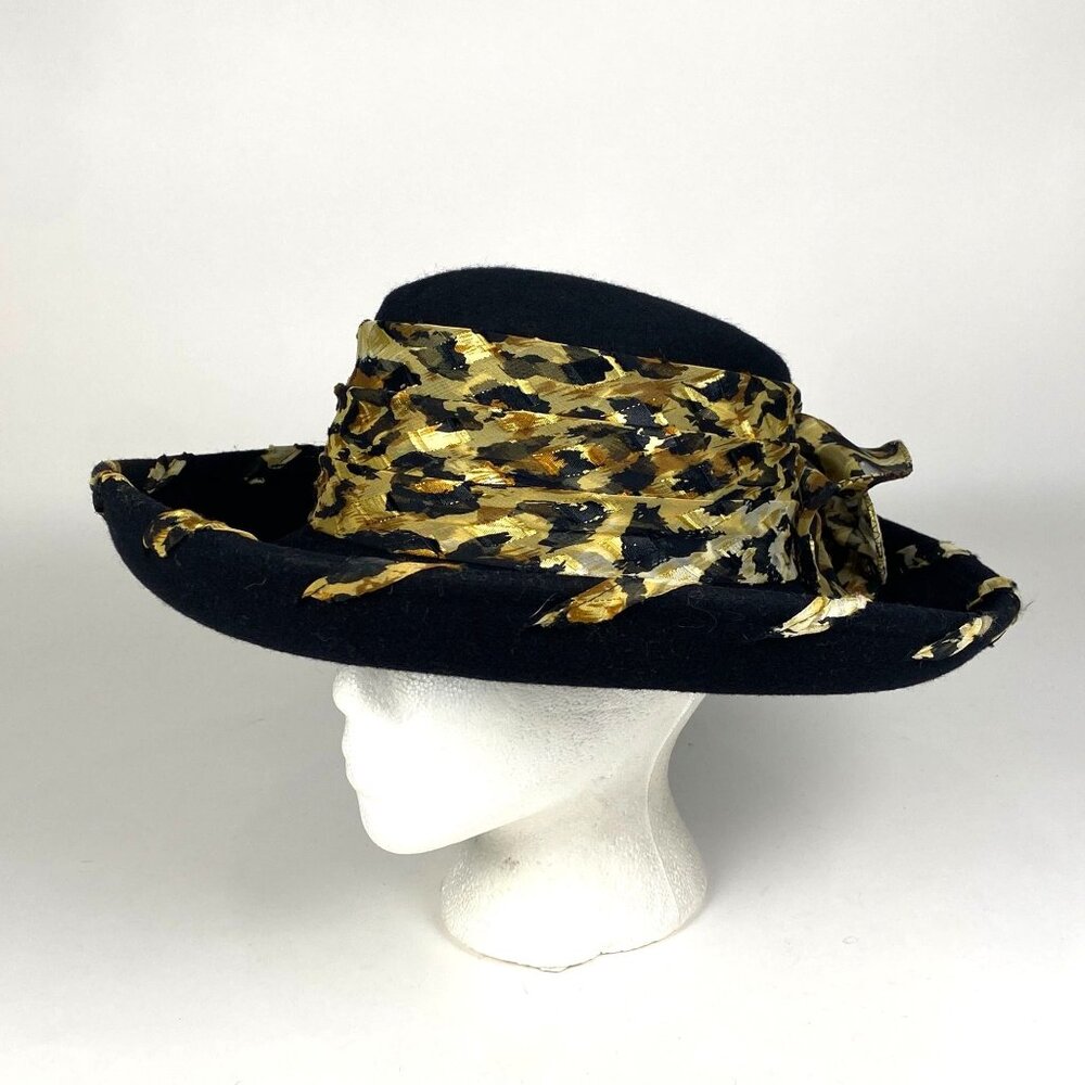 Vintage Sonni San Francisco Black Wool Felt Wide Brim Hat Leopard Print Ribbon